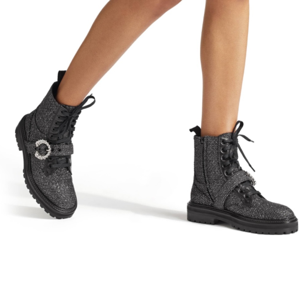 Jimmy Choo Cora Tweed Embellished Flat Ankle Boots Size 37 1/2